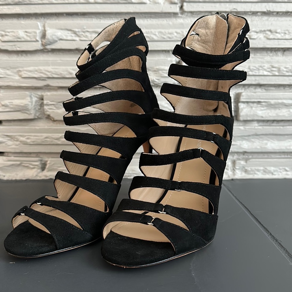Pour La Victoire • Elaine Suede Caged High-Heel Sandals • Black • Size 8.5